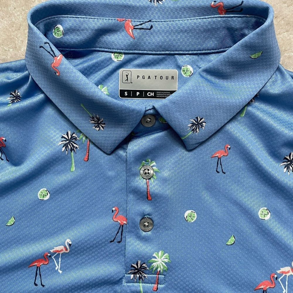 PGA Tour Golf Shirt Flamingo Print Blue ProSeries Mens Small NWT - Picture 5 of 7